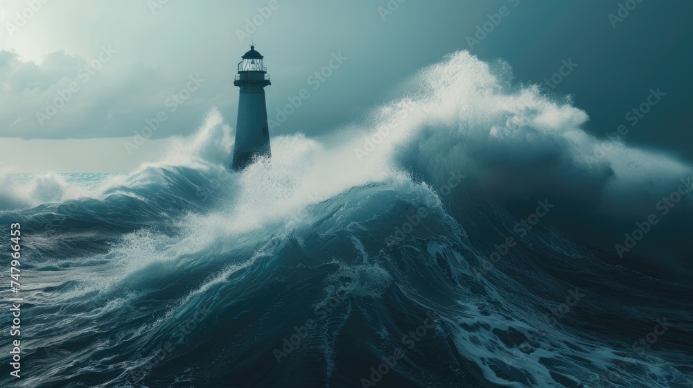 A lone lighthouse standing firm as towering waves crash around it during a storm, a beacon of stability and calm. 