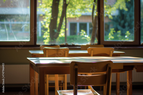 wooden table and chairs in a classroom next to a big windows with trees in background
