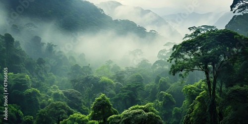 Tropical green mountains with mist. Cloudy foggy sky backdrop