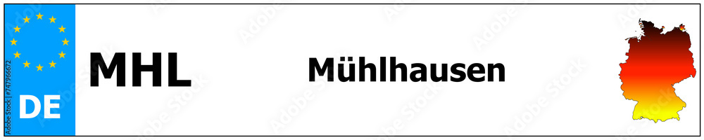 Mühlhausen car licence plate sticker name and map of Germany. Vehicle registration plates frames German number Mühlhausen car licence plate sticker name and map of Germany. Vehicle registration plates frames German number