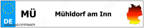 Mühldorf am Inn car licence plate sticker name and map of Germany. Vehicle registration plates frames German number