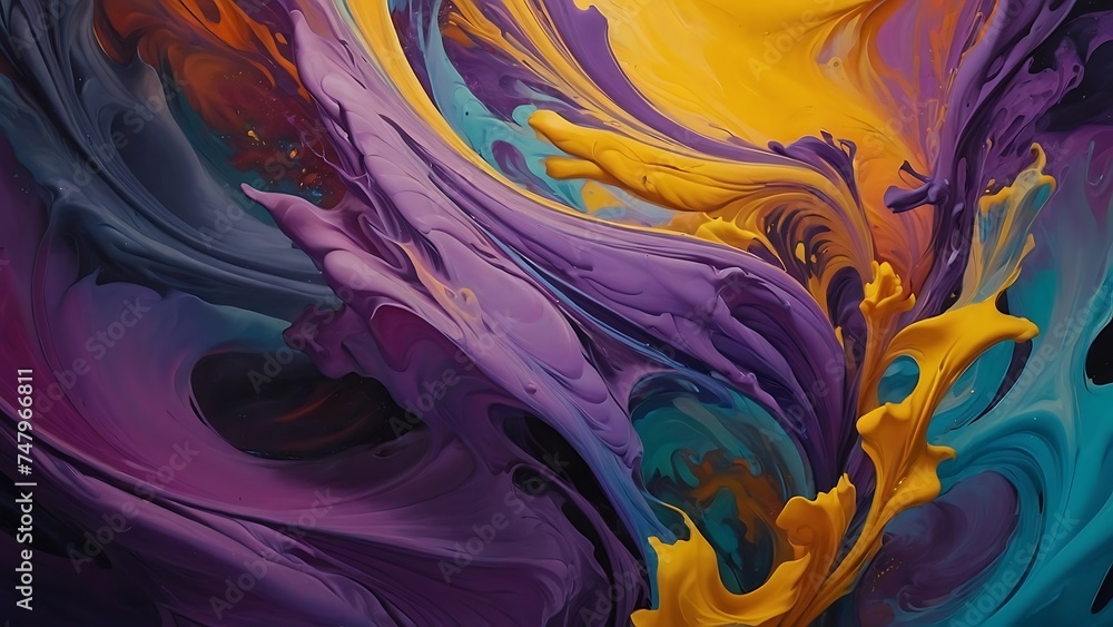 Abstract purple and yellow paint splash for desktop wallpaper, Generative AI