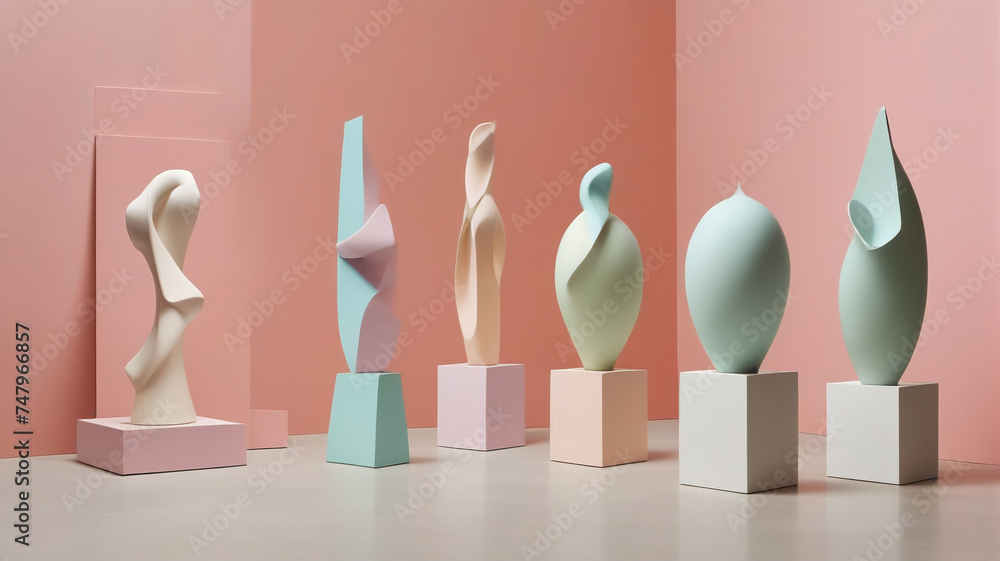 Conceptual art in a museum, pastel figurines., generative AI Conceptual art in a museum, pastel figurines., generative AI