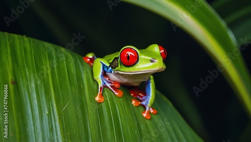 Colorful of red eye tree frog on the branches leaves of tree, close up scene, animal wildlife concept.