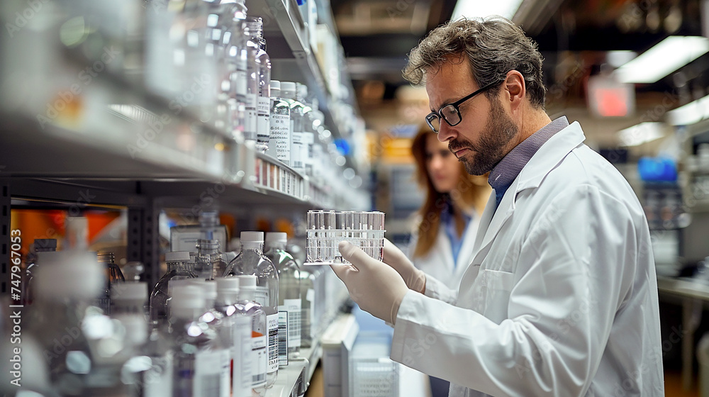 A man in a science laboratory conducts experiments with chemical instruments and equipment. Innovation in the scientific world. Copy space A man in a science laboratory conducts experiments with chemical instruments and equipment. Innovation in the scientific world. Copy space