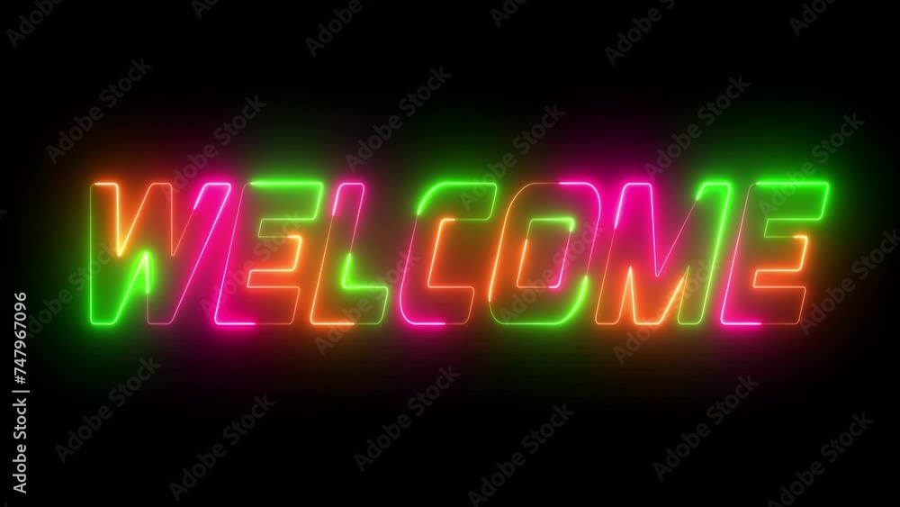 3D Neon multicolor Welcome text animation. Glowing neon sign welcome on black background. Welcome glowing neon text . Welcome neon light calligraphy banner. Neon welcome signboard 3D Neon multicolor Welcome text animation. Glowing neon sign welcome on black background. Welcome glowing neon text . Welcome neon light calligraphy banner. Neon welcome signboard