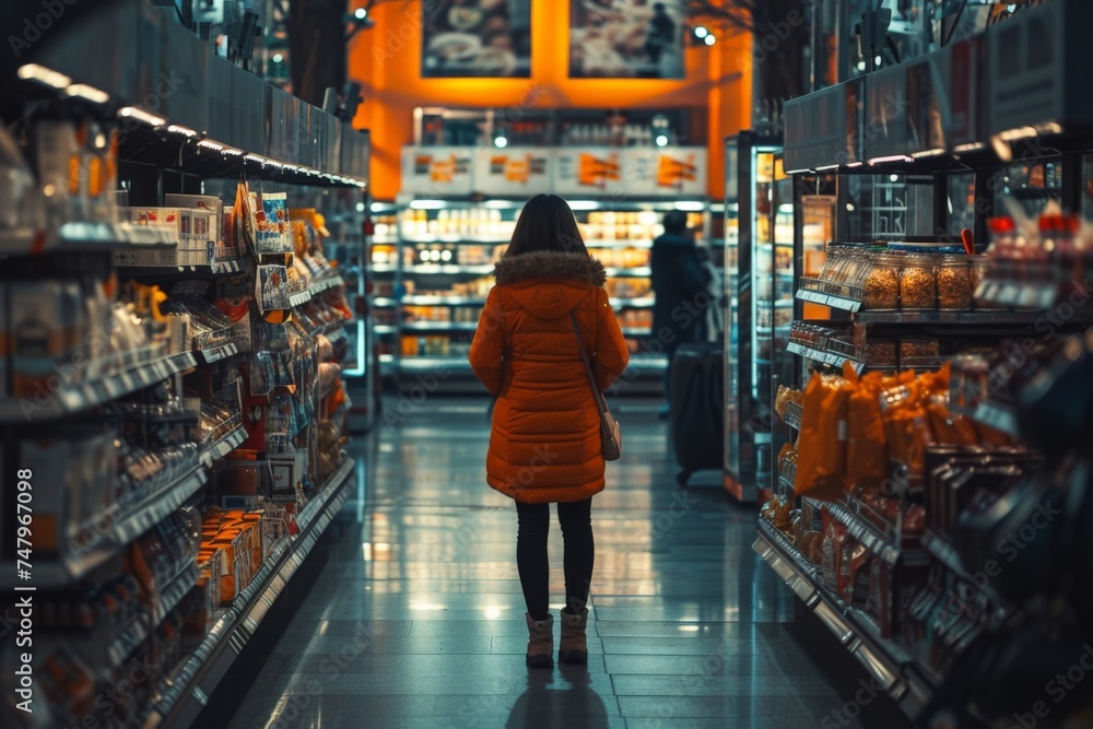 Female shopper in orange coat browsing grocery aisles for food products in supermarket setting