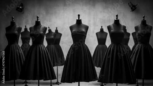 Fashionable black dress on a mannequin in a studio.