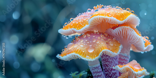 Image of mushrooms against a background of fantastic nature. Mushroom growth. Copy space.