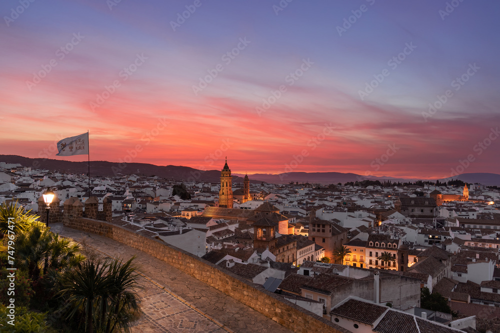 Panorama of the Spanish city of Antequera at Sunset
