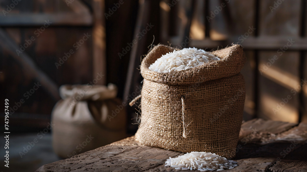 Rice sack on wooden table - obrazy, fototapety, plakaty 