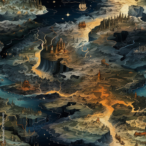 Illustration, fantasy maps, aged paper, adventurous mood, detailed topography.