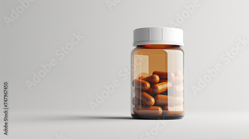 Transparent amber plastic pill jar on a isolated white background, space for text. 