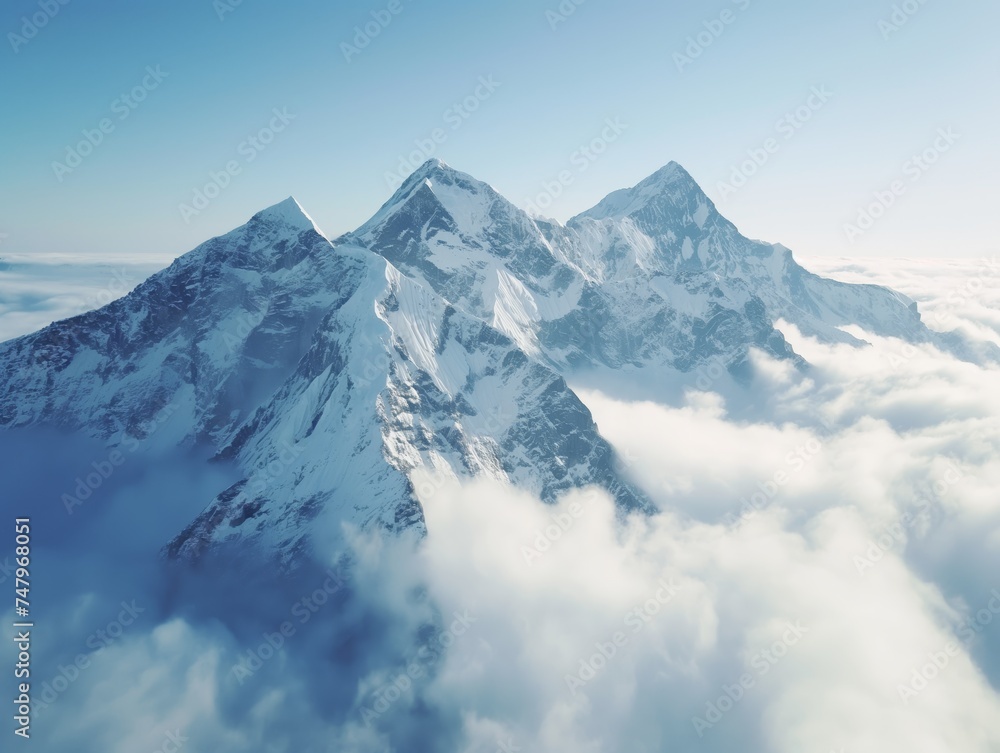 High snow-capped mountain peak among clouds