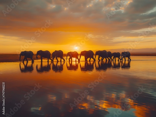Elephants walk along the shore one after another