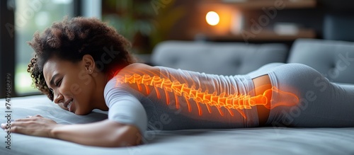 highlighted spine of woman with back pain