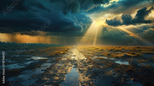 A path through a devastated landscape is illuminated by sunlight as rays of the clear, calm sky are visible through a break in the storm clouds. 