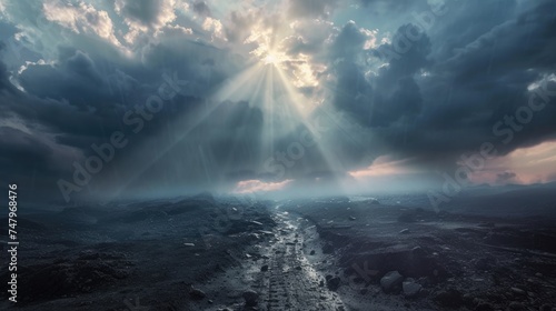 A calm, clear sky visible through a break in storm clouds, with rays of sunlight illuminating a path through a devastated landscape. 8k
