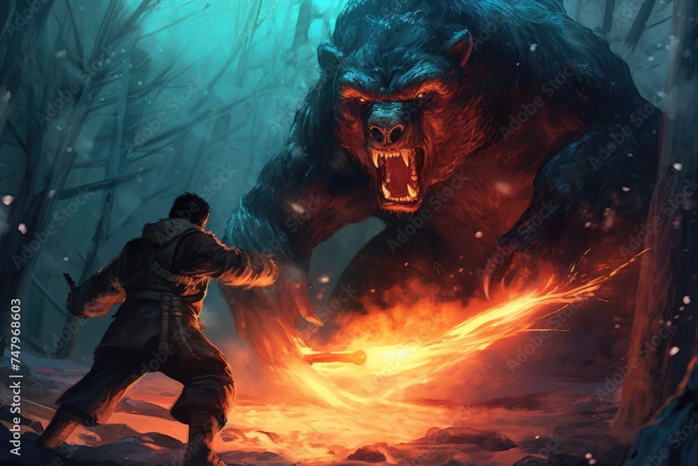 Obraz premium man with a flamethrower fighting with a demon bear