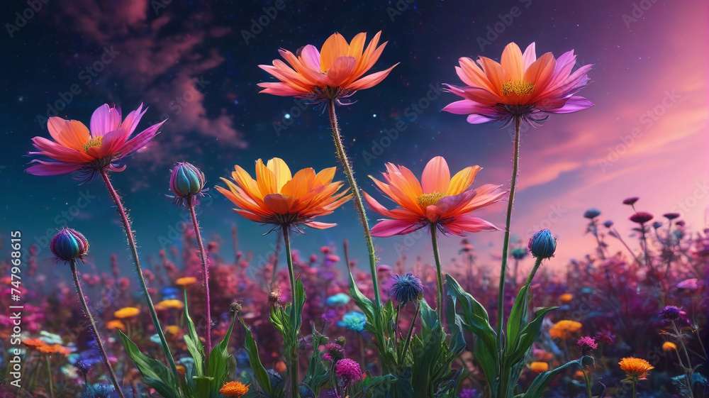 Enchanted flowers in a field in the middle of the night, generative AI