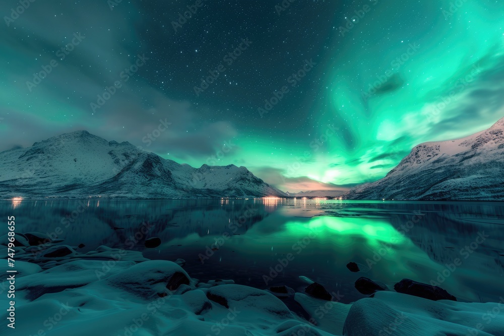 A captivating display of green auroras weaving through the starlit sky over snow-laden mountains and frozen lakes. 