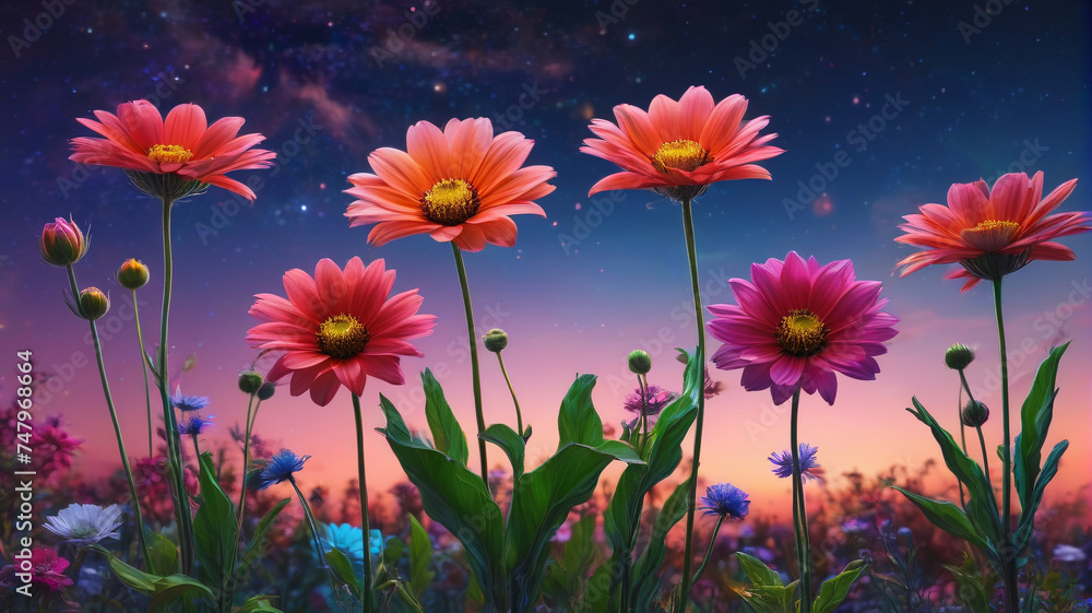 Enchanted flowers in a field in the middle of the night, generative AI Enchanted flowers in a field in the middle of the night, generative AI