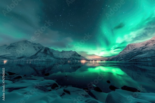 A captivating display of green auroras weaving through the starlit sky over snow-laden mountains and frozen lakes. 