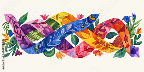 Colorful ribbon intertwined with chromosomes, symbolizing Down syndrome awareness