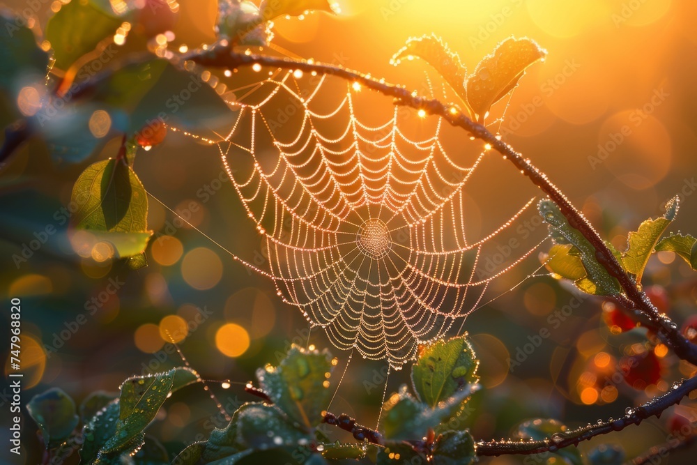 Golden Sunrise Through Dewy Spiderweb on Branch
