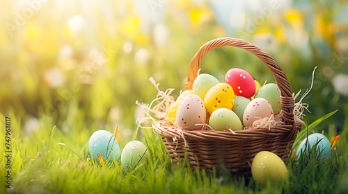 Colorful Easter eggs in wicker basket on green grass outdoors