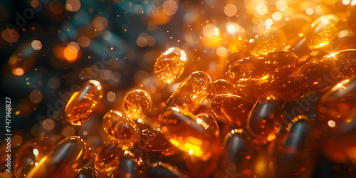  golden glitter lights on isolated on dark background, In flight medication pills disperse