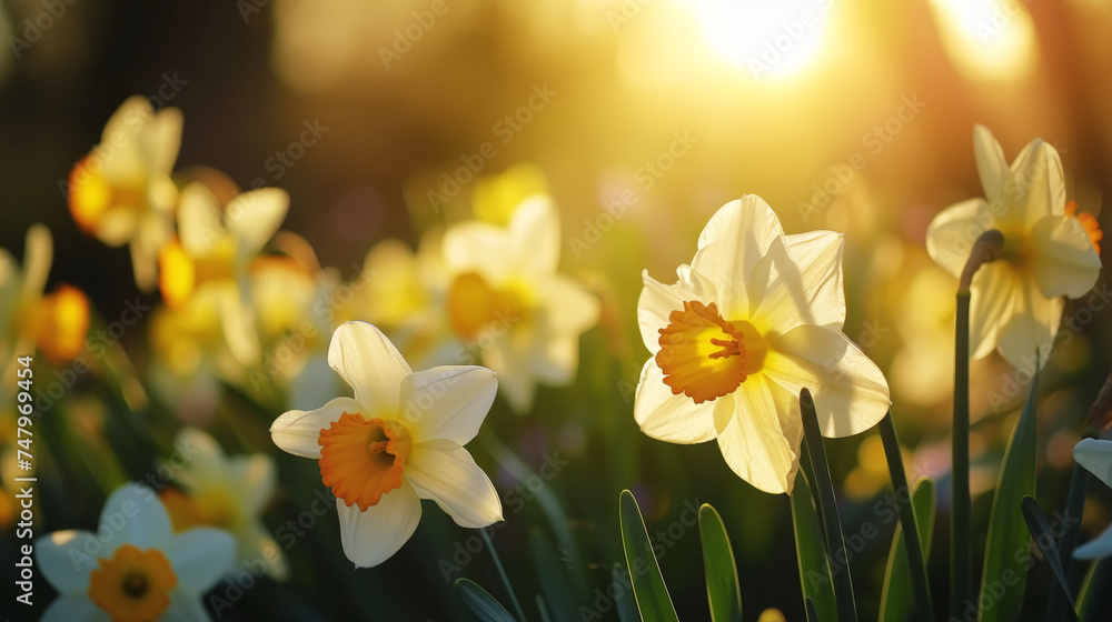 Close-up of yellow daffodil flowers blooming in spring. Bokeh sunny background. Spring landscape concept. Generative AI Close-up of yellow daffodil flowers blooming in spring. Bokeh sunny background. Spring landscape concept. Generative AI