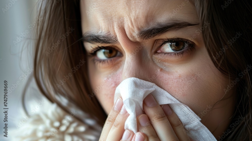 Woman sick with the flu, or allergy, holding tissue, viral winter diseases, a runny nose Woman sick with the flu, or allergy, holding tissue, viral winter diseases, a runny nose