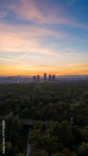 Drone Arial nature sunset view of the Prater Park,Vienna, Austria