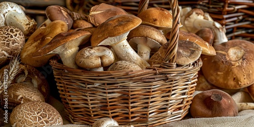 Mushrooms as an ingredient for many dishes, forest mushrooms, edible, basket with mushrooms, background.