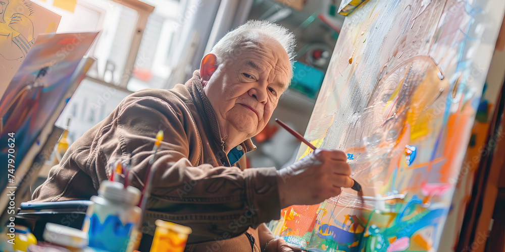 Elderly man with Down syndrome painting a picture in his studio. Learning Disability