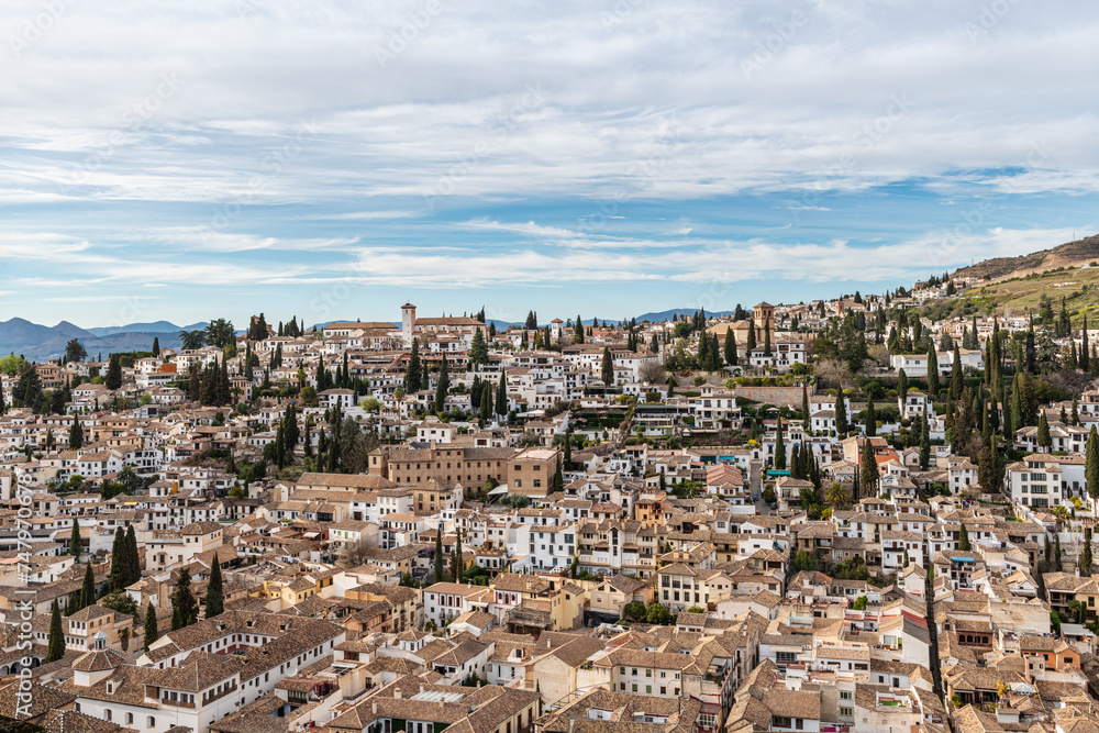 Aerial view of the Albaicin in Granada, one of the oldest districts in the city, with its historic monuments and traditional houses.