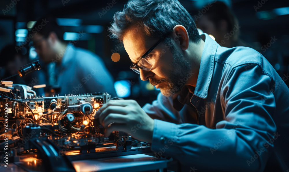 Focused Engineer Intently Working on Advanced Robotic Arm Assembly in High Tech Development Laboratory with Team in Background Focused Engineer Intently Working on Advanced Robotic Arm Assembly in High Tech Development Laboratory with Team in Background