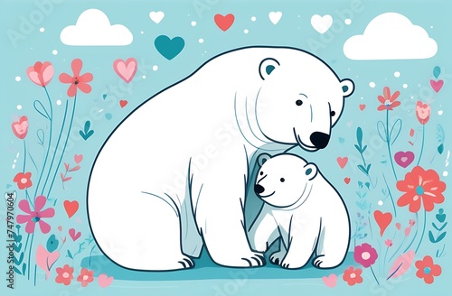 Illustration of polar bear and her little bear. Greeting card, Mother's day