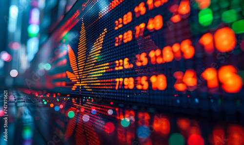 Stock market display with cannabis leaf symbol representing the rise of marijuana industry investments and market trends in the financial sector photo