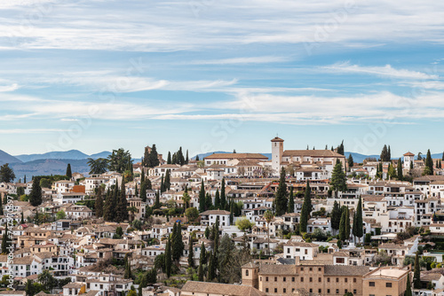 Aerial view of the Albaicin in Granada, one of the oldest districts in the city, with its historic monuments and traditional houses.