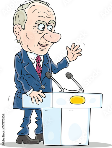 Angry official taking his very important speech at a meeting or press conference, vector cartoon illustration on a white background
