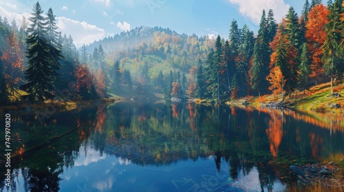 A crisp autumn day at a high-altitude lake, surrounded by forests 