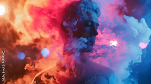 People in colorful smoke background