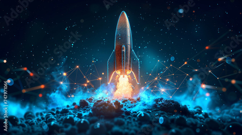 Startup team launching rocket with blockchain technology blue flame trail photo