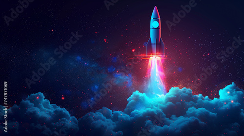 Startup teams rocket project on blockchain launching with a powerful blue flame photo
