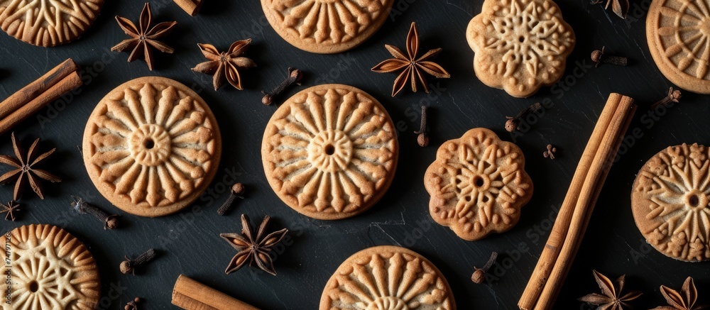 A table is covered with a variety of linzer cookies containing vanilla beans, alongside cinnamon sticks placed on top. The black canvas background adds a contrast to the warm tones of the cookies and A table is covered with a variety of linzer cookies containing vanilla beans, alongside cinnamon sticks placed on top. The black canvas background adds a contrast to the warm tones of the cookies and