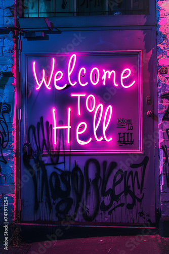 A neon light sign with text Welcome to hell in urban
