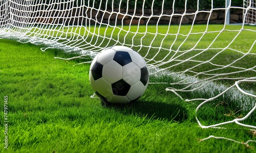 The soccer ball is positioned to touch the penalty kick and goal. generative AI