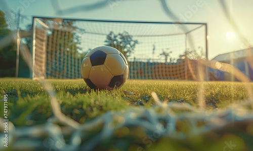 The soccer ball is positioned to touch the penalty kick and goal. generative AI